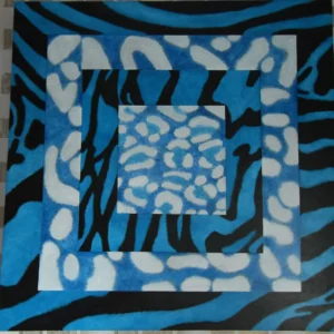 4Blue Skins features 4 layered animal prints, zebra, leopard, tiger, and jaguar, created in shades of blue, black, and white. The patterns shift and blend, creating an optical illusion of movement. and depth, suggesting transformation. The piece explores themes of perception and the fluid nature of reality.