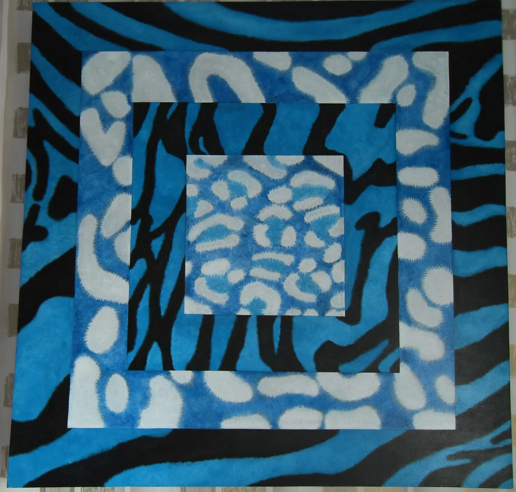 4Blue Skins features 4 layered animal prints, zebra, leopard, tiger, and jaguar, created in shades of blue, black, and white. The patterns shift and blend, creating an optical illusion of movement. and depth, suggesting transformation. The piece explores themes of perception and the fluid nature of reality.