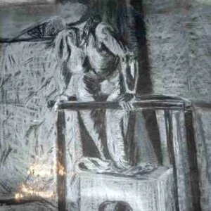 Nude Kneeling A nude figure stands leaning against a framework in a dimly lit room, captured in a charcoal drawing. The interplay of light and shadow emphasizes the contours and form of the model.