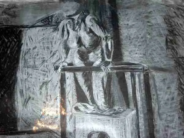 Nude Kneeling A nude figure stands leaning against a framework in a dimly lit room, captured in a charcoal drawing. The interplay of light and shadow emphasizes the contours and form of the model.