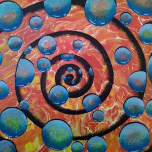 Orange Circs2 is a spiral with scattered translucent blue bubbles being drawn into a central vortex