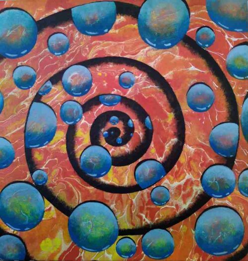 Orange Circs2 is a spiral with scattered translucent blue bubbles being drawn into a central vortex