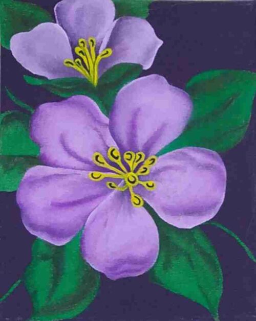 Lilac1 and green leaves with yellow stamens painted on purple background