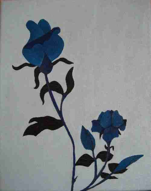 Rose2 single stemmed blue roses painted on an A4 canvas