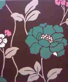 Flowers1 is a canvas of white leaves & a teal flower on a dark brown background