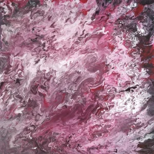 Red Noise-1, abstract painting in swirling red, white, and black tones, created with acrylic pour technique.