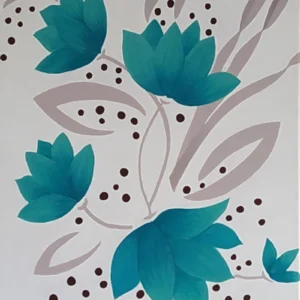Teal flowers-1 A vibrant teal flower on a soft cream background, with delicate spots of pollen floating around it, creating a sense of gentle movement.