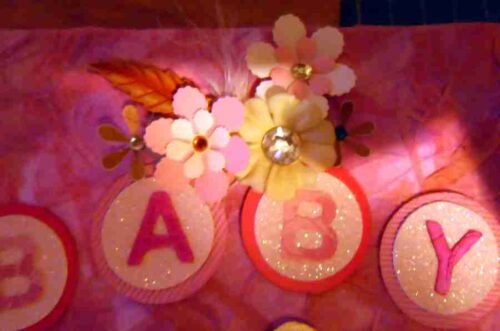 Close up of the embellishments on Baby1 Card box front