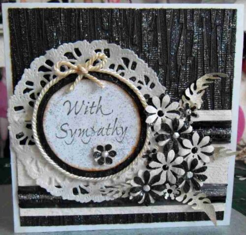 Sympathy4 card with black background , white butterflies and white sympathy words