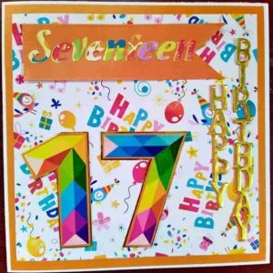 17th birthday cards for twins, bright and colourful personalised with unique names or initials. Each card features a similar design with different colours to celebrate the individuality of each twin