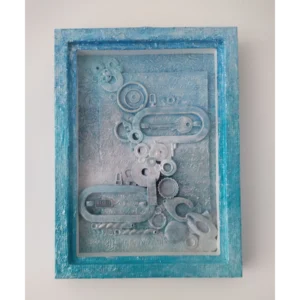 'Result' an abstract mixed media artwork in shades of blue with textured layers and metallic elements, creating a serene, calming atmosphere
