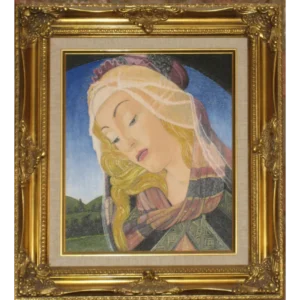 Madonnas Purity-1 A serene depiction of the Virgin Mary, shown without the Christ Child, surrounded by soft, flowing robes and framed in gold. Her gaze is contemplative, evoking a sense of spiritual purity and divine grace. The absence of the child shifts the focus to her inner sanctity, emphasizing her role as a symbol of untainted holiness and divine wisdom.