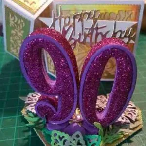 90th Birthday Card Luxurious 3D birthday card with die-cut flowers and leaves, embellished with faux gems, and a matching heart-shaped ornate box.