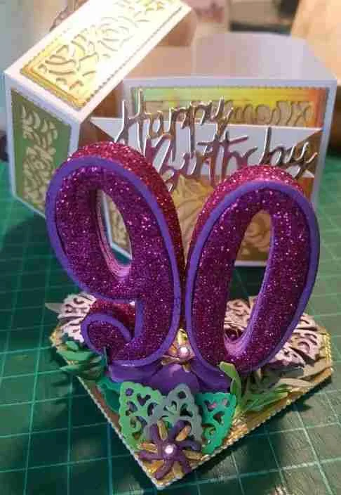 90th Birthday Card Luxurious 3D birthday card with die-cut flowers and leaves, embellished with faux gems, and a matching heart-shaped ornate box.