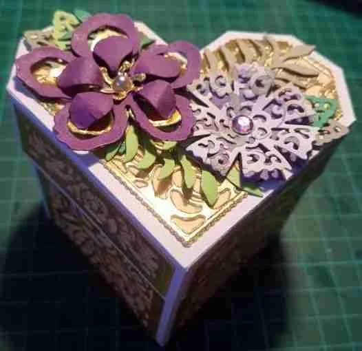 90th Bday Card-1 Luxurious 3D birthday card with die-cut flowers and leaves, embellished with faux gems, and a matching heart-shaped ornate box.
