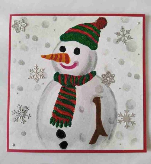 Snowman1 Card for xmas with 3D snowflakes and glittered hat and scarf