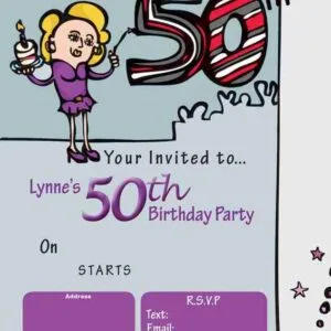 50th Birthday Invites, whimsical invite, featuring a caricature of the guest of honour, a banner above her head in red and black respectively.