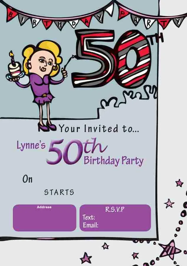50th Birthday Invites, whimsical invite, featuring a caricature of the guest of honour, a banner above her head in red and black respectively.
