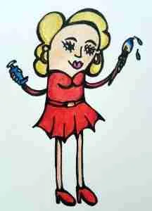 About Me page caricature, holding a paint tube & brush, wearing a red dress and shoes.