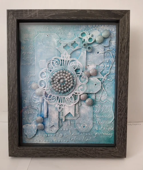 Clockwork -1 is a mixed media framed canvas in baby blue tones and pieces are mainly in pairs