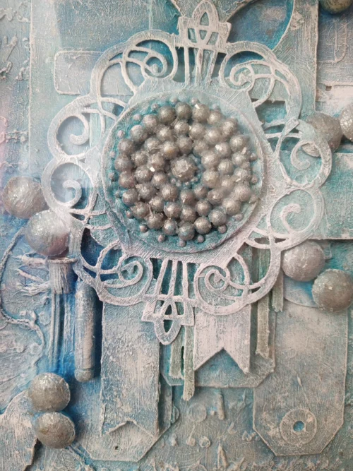 Clockwork-1 a mixed media framed canvas in baby blue tones and pieces are mainly in pairs