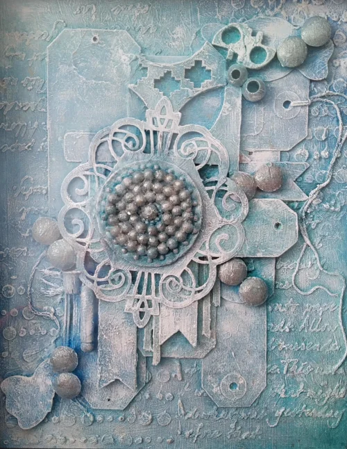 Rhythms of Creation, Beads in Harmony-1 is a mixed media framed canvas in baby blue tones and pieces are mainly in pairs