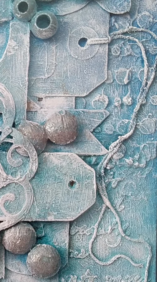 Rhythms of Creation, Beads in Harmony-1 is a mixed media framed canvas in baby blue tones and pieces are mainly in pairs