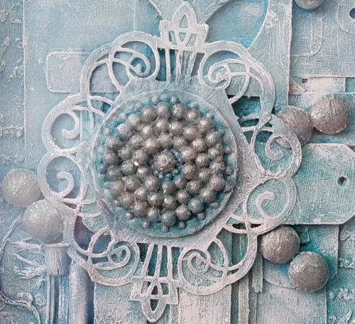 Rhythms of Creation, Beads in Harmony-1 is a mixed media framed canvas in baby blue tones and pieces are mainly in pairs