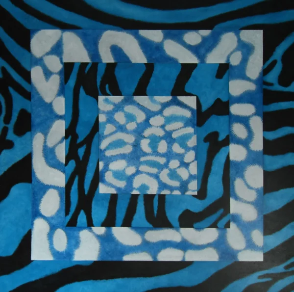 Blue Skins-1 A square acrylic painting featuring four layered animal prints, zebra, leopard, tiger, and jaguar, created in shades of blue, black, and white. The patterns shift and blend, creating an optical illusion of movement. Square spirals are incorporated within the designs, adding depth and suggesting transformation. The piece explores themes of perception and the fluid nature of reality.