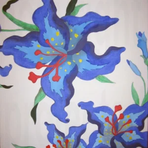 Blue Lilium-1 A painting of blue Lilium flowers, depicted as if floating freely in the air without stems or a vase, created with acrylics on canvas. The flowers are shown in a dynamic, flowing arrangement, evoking a sense of movement, with vibrant blue petals set against a soft, neutral background. The style emphasizes lightness and ethereal beauty.
