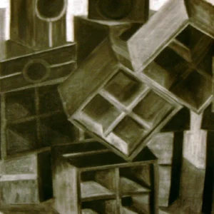 Boxed-1, Charcoal drawing of precariously stacked metal boxes, exploring themes of balance, stability, & life’s burdens.