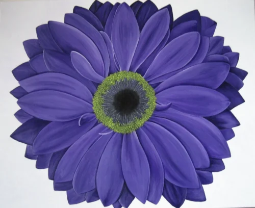 Daisy Flower-1 A detailed acrylic painting of a single daisy with lilac petals, yellow stamens, and a black centre. The flower is set against a soft, muted background, showcasing a delicate balance of vibrant and serene colours.