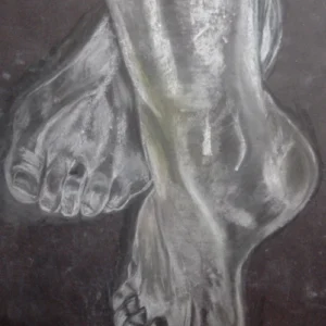 Feet-1, Charcoal drawing of human feet, highlighting shading, contours of toes, arch, and skin with light and shadow.