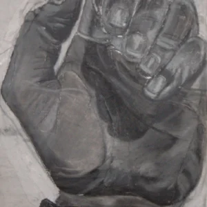 Hand-1, Charcoal drawing torn, rejoined paper, symbolizing creation, reclamation, & balance between destruction & art.