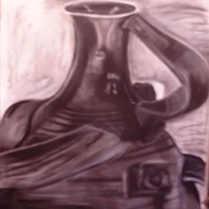 Jug-1, paper, detailed charcoal drawing of an aged jug, highlighting textures, cracks, light, & shadow with elegance.