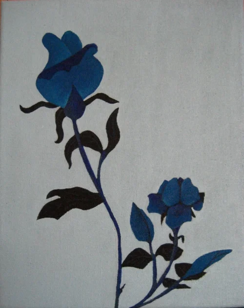 Blue Rose-1 Acrylic painting of two blue roses with single stems, set against a white background on an A4 canvas. The roses are delicately rendered, with soft, flowing petals and a vibrant blue colour that contrasts against the simplicity of the white space.