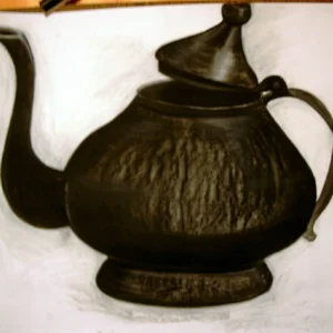 Teapot-1, A detailed charcoal drawing of an Indian brass teapot, featuring intricate etchings and reflections on its smooth surface.