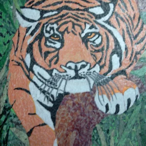 Tiger-1 tiny pieces of orange, white, green, black and brown create a picture of a tiger