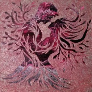 Convergence of 2, a burgundy, white and black acrylic pour background with a textured overlay, but the overlay has omitted the shapes of a man an women in an embrace.