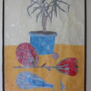 ‘Plant‘ is a collage of torn, gouache-painted paper fragments in an abstract arrangement. It features organic shapes, vibrant colours, and jagged edges that symbolise growth, interconnectedness, and the beauty of imperfection.