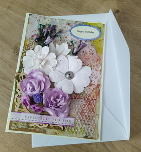 Galleries image of a Mixed Media Card, with paper flowers, background textures and Happy Birthday tag