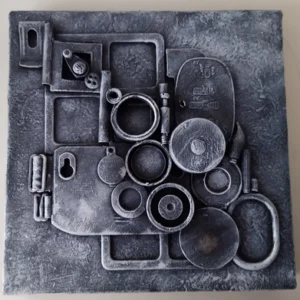 My Camera Never Lies#1 a canvas covered in recycled mixed media with a charcoal grey textured finish.