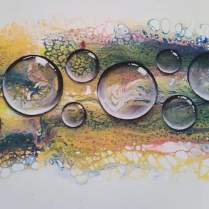 10 Breaths of Motion an acrylic pour with ten glass-like orbs floating over a marbled, multicoloured background.