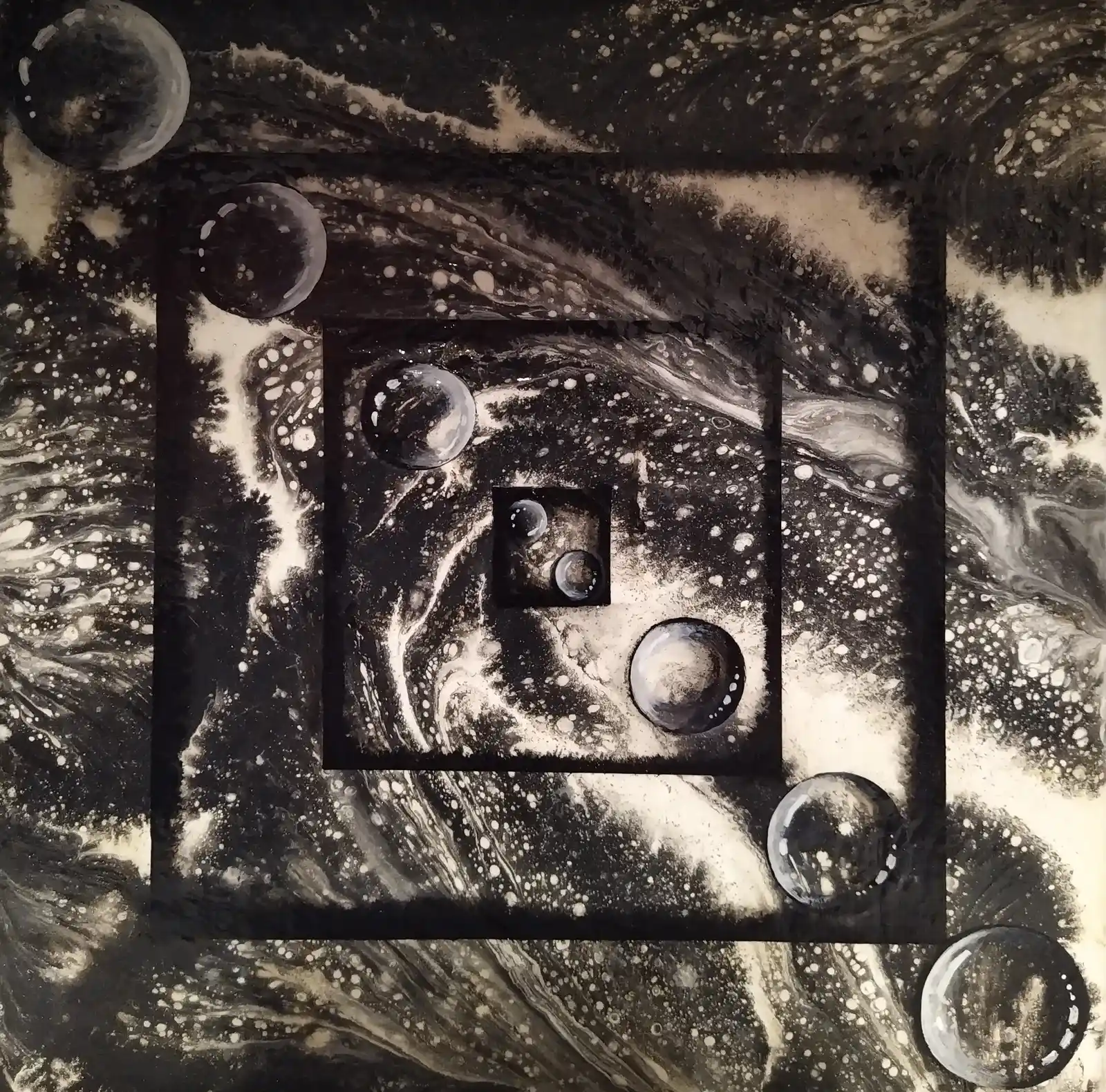 Black Vortex-4 An abstract exploration of the ocean’s power, this black and white acrylic pour painting captures the raw, dynamic energy of crashing waves and swirling currents.