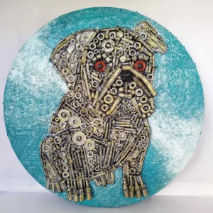 Faithful Guardian-Pug, a mixed-media portrait of a pug with a soft blue circular background, showing the dog's gentle, loyal expression and textured features.