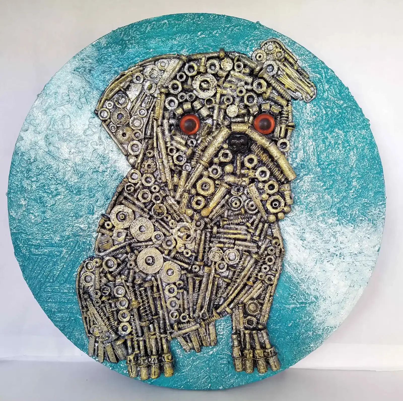 Faithful Guardian-Pug, a mixed-media portrait of a pug with a soft blue circular background, showing the dog's gentle, loyal expression and textured features.