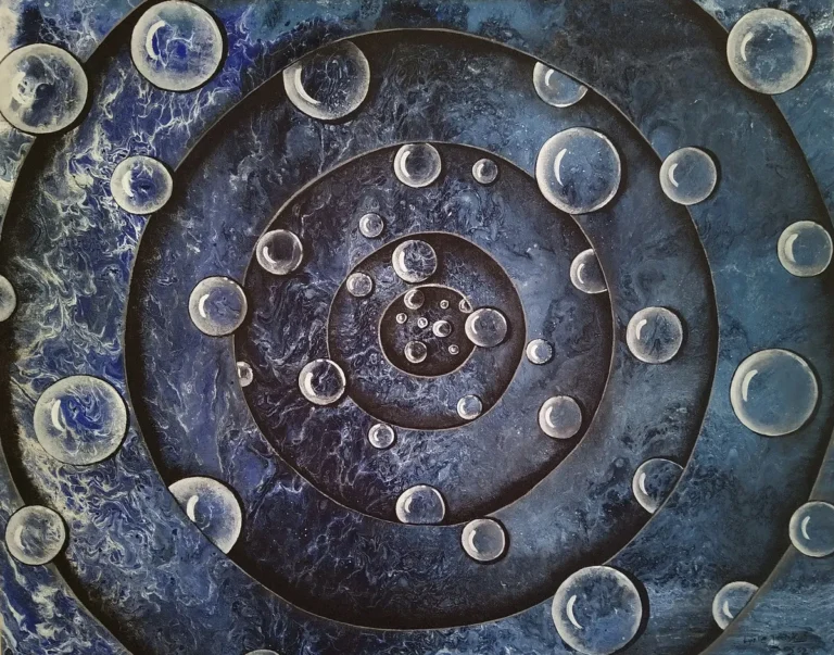 Blue Vortex, fluid blue currents replace defined spirals, while translucent orbs drift in slow, suspended motion.