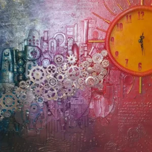 Rainbow City full artwork showing a bright orange clock, silver cogs with gold highlights, and a textured red‑blue‑purple background.