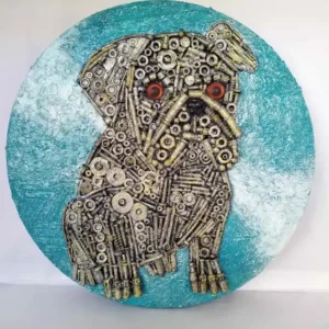Faithful Guardian-1, a mixed-media portrait of a pug with a soft blue circular background, showing the dog's gentle, loyal expression and textured features.