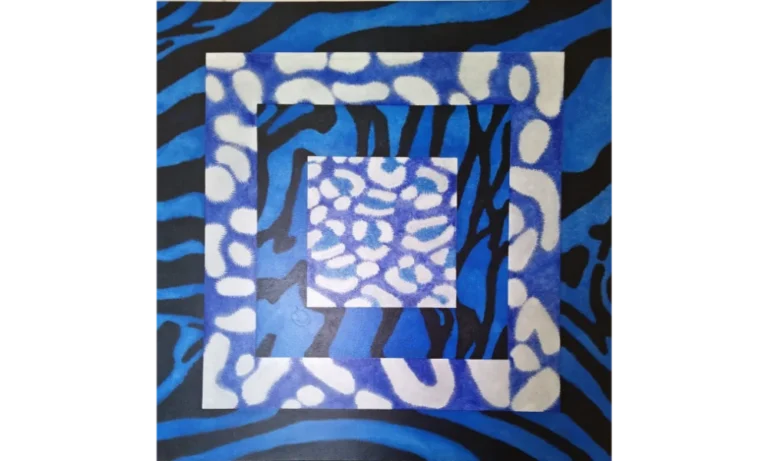 Blue Skins is an acrylic painting in which I explore the symbolic power of four big cats — zebra, leopard, tiger, and jaguar — through layered colour, texture, and pattern.